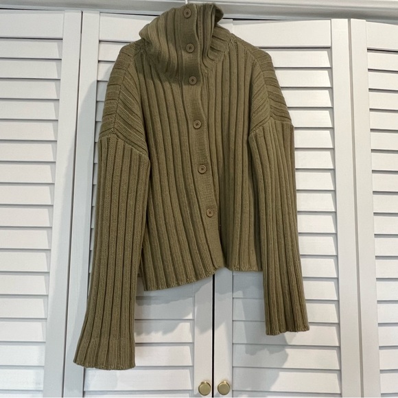 Source Unknown Stand Collar Rib Cardigan, Olive Melange - Picture 2 of 5